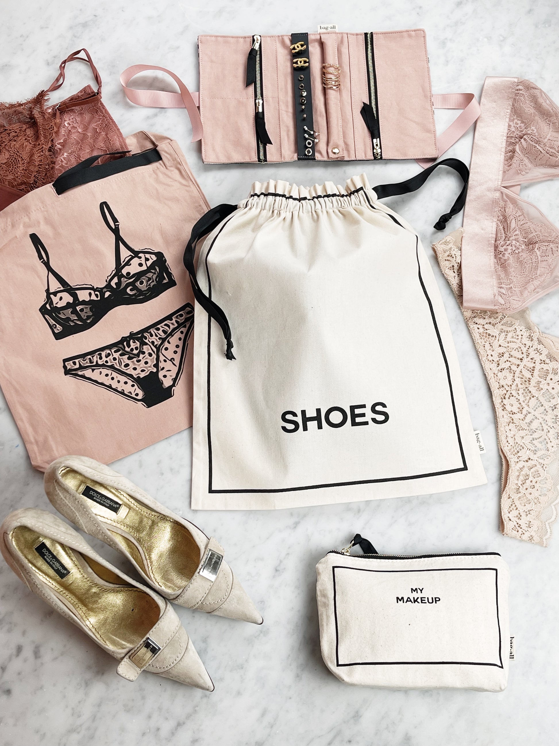 Bag-all Toiletry Travel Gift Set Deal 4-Pack in cream featuring cotton organizer bags for shoes, makeup, lingerie and accessories, perfect for stylish travel organization and storage