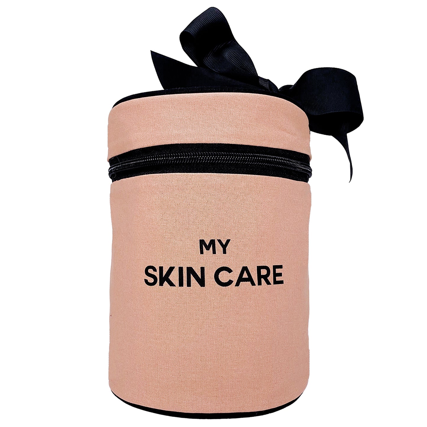 Bag-all Round Skin Care Case with Handle in blush pink featuring black bow accent and text, cylindrical storage organizer for beauty products