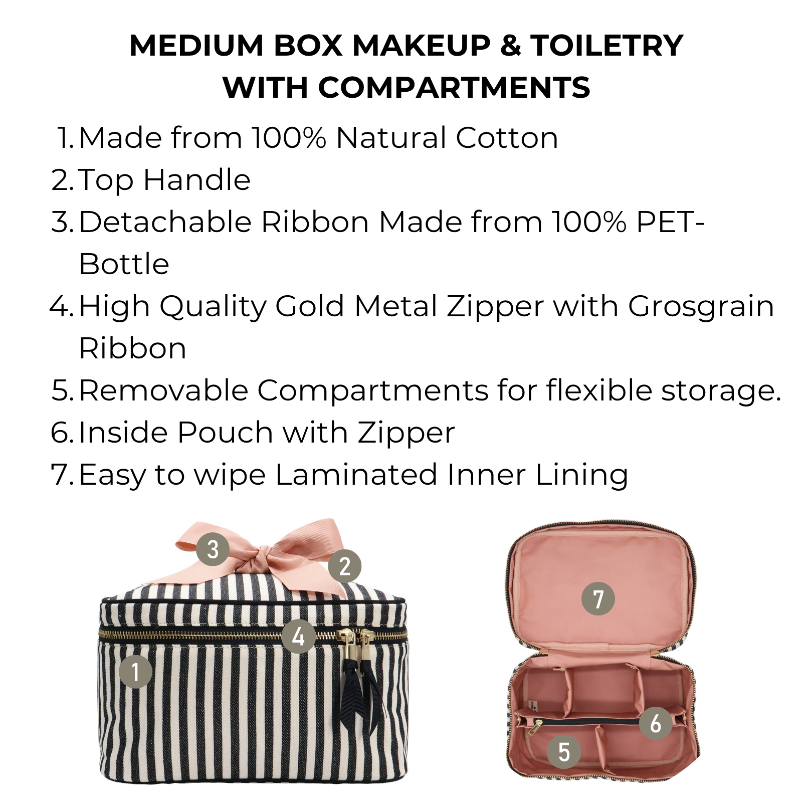Medium Box Makeup & Toiletry with Insert Organizer – Striped features natural cotton, gold zipper, removable compartments, and easy-clean lining for stylish travel organization by Bag-all.