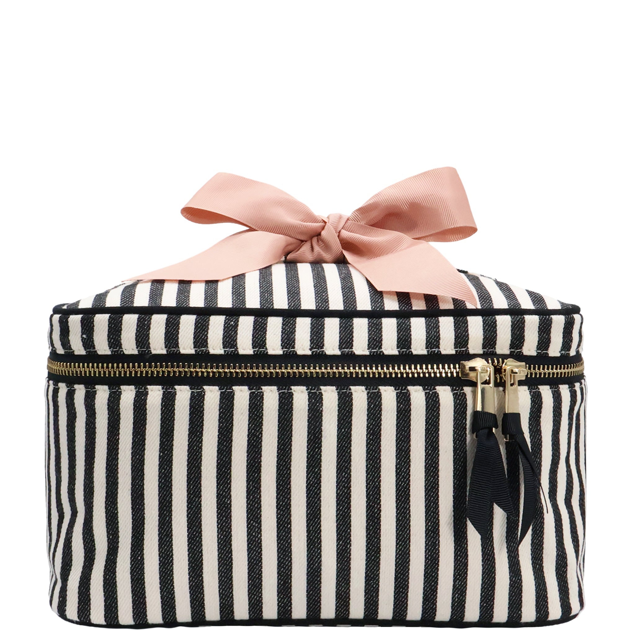 Medium Box Makeup & Toiletry with Insert Organizer – Striped by Bag-all, a stylish cotton travel case with gold zipper and pink bow for personalized packing.