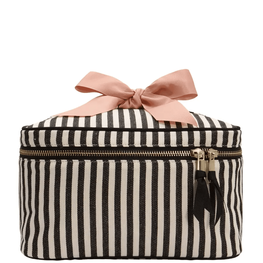 Medium Box Makeup & Toiletry with Insert Organizer – Striped cotton travel case with gold zipper and pink bow for stylish personalized organization by Bag-all