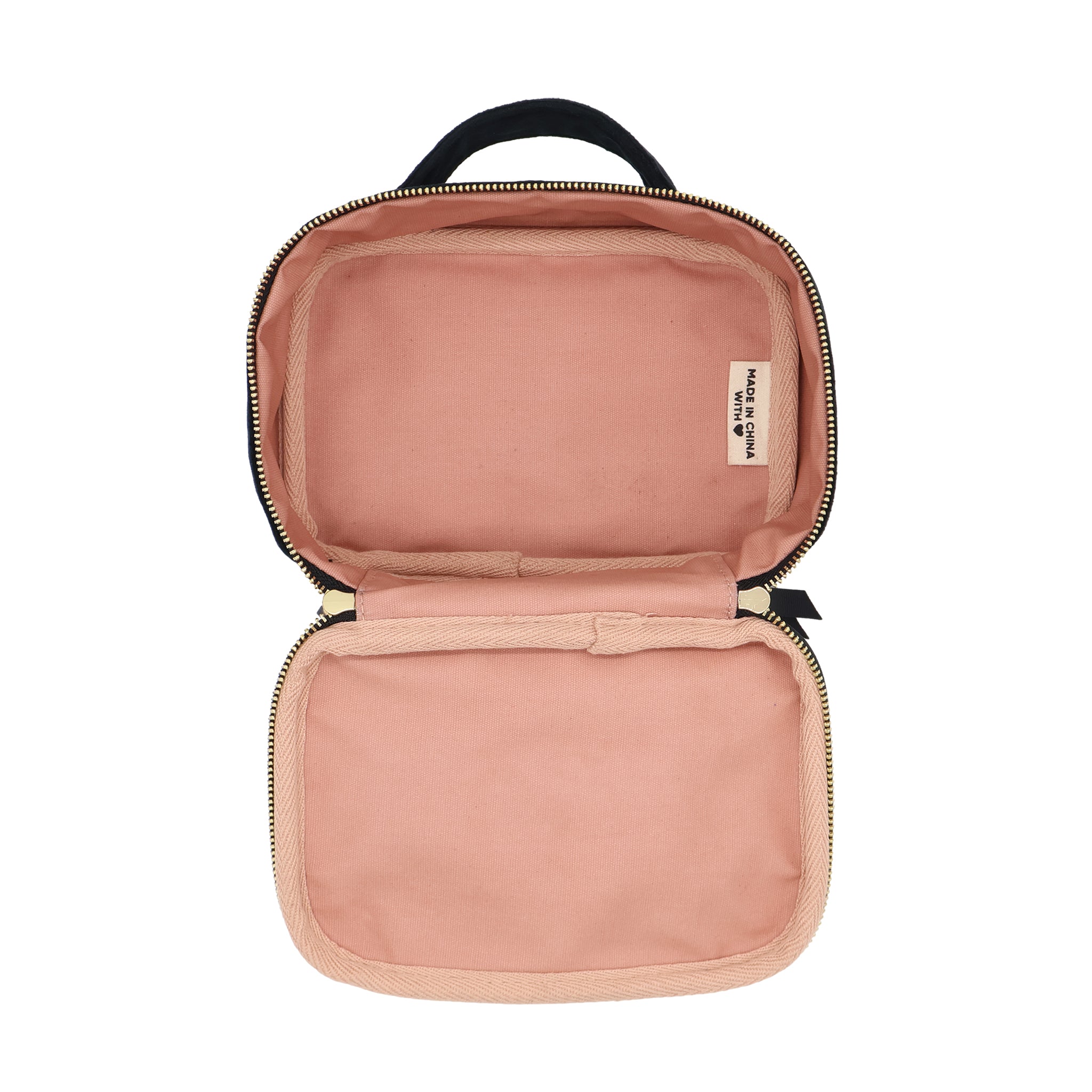 Pill Box with Handle & Weekly Pill Organizer – Eco Velvet – Black open to show soft pink interior, ideal for organized travel and daily medication by Bag-all.