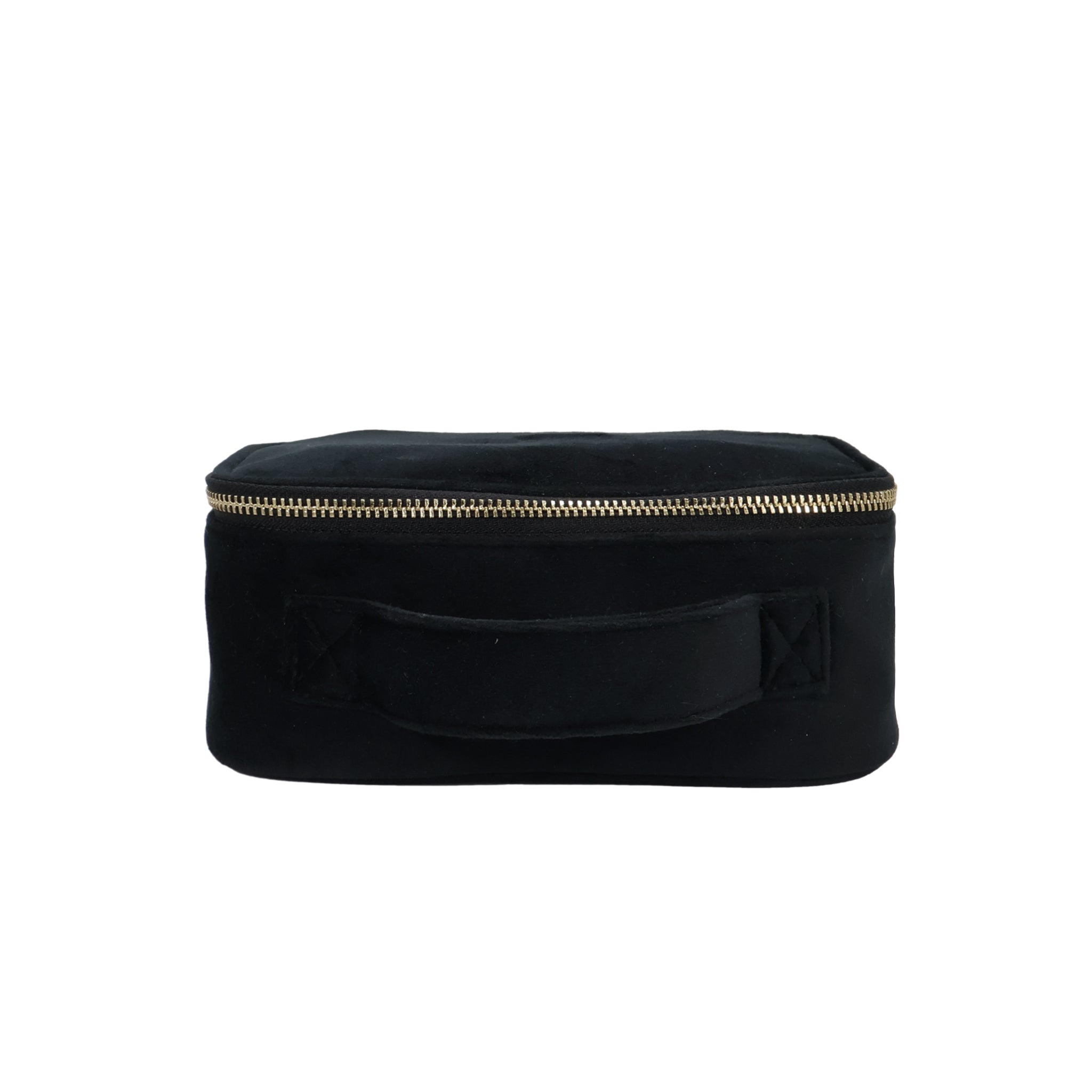 Pill Box with Handle & Weekly Pill Organizer – Eco Velvet – Black by Bag-all for stylish travel and organized daily medication storage with durable handle and gold zipper