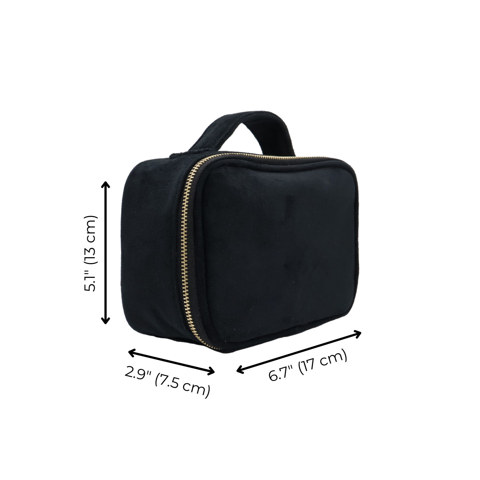 Small Beauty Box – Eco Velvet – Black by Bag-all, compact travel organizer with handle, gold zipper, and soft eco-friendly velvet for personalized packing.