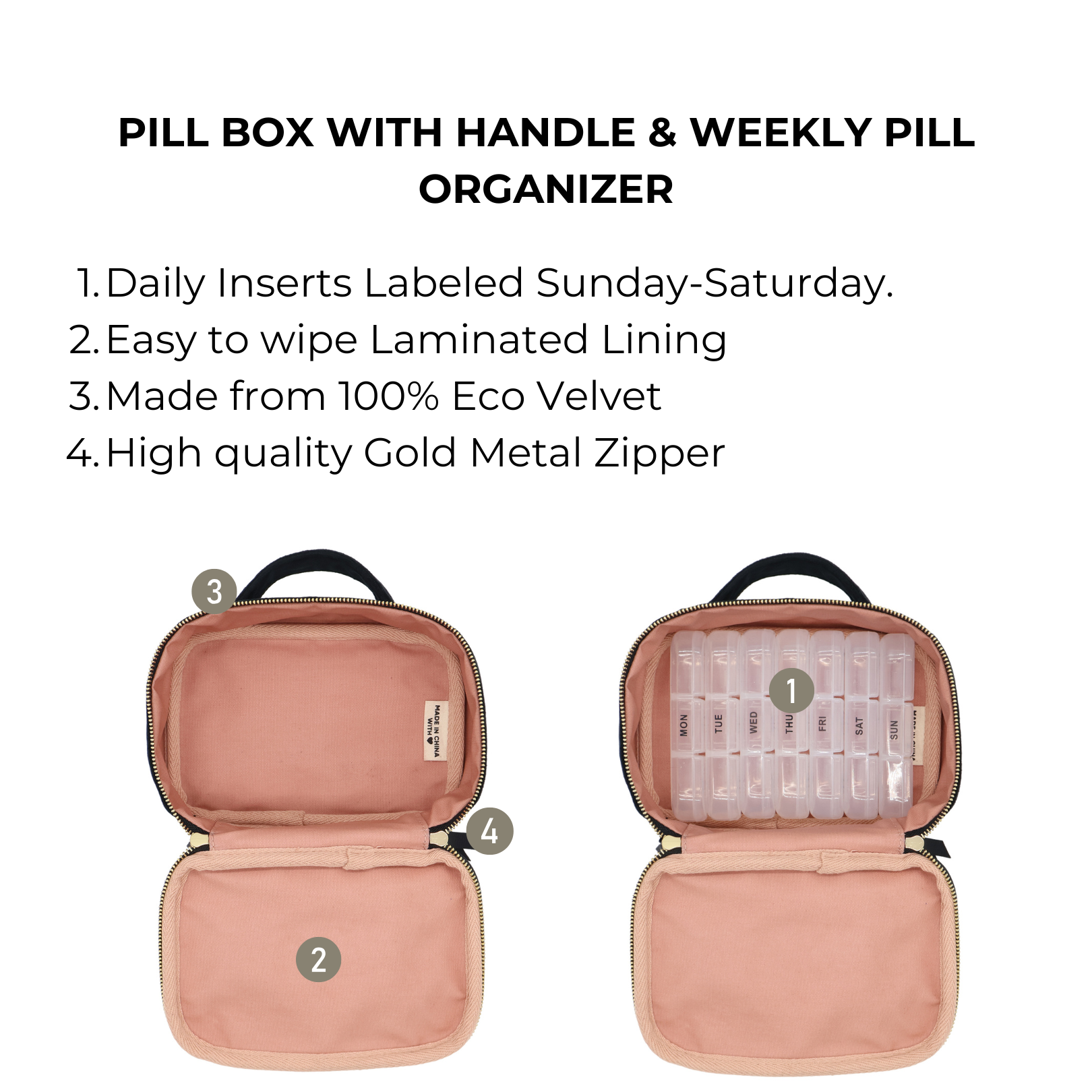 Pill Box with Handle & Weekly Pill Organizer – Eco Velvet – Black featuring daily labeled inserts, eco-friendly velvet, gold zipper, and wipeable lining by Bag-all.
