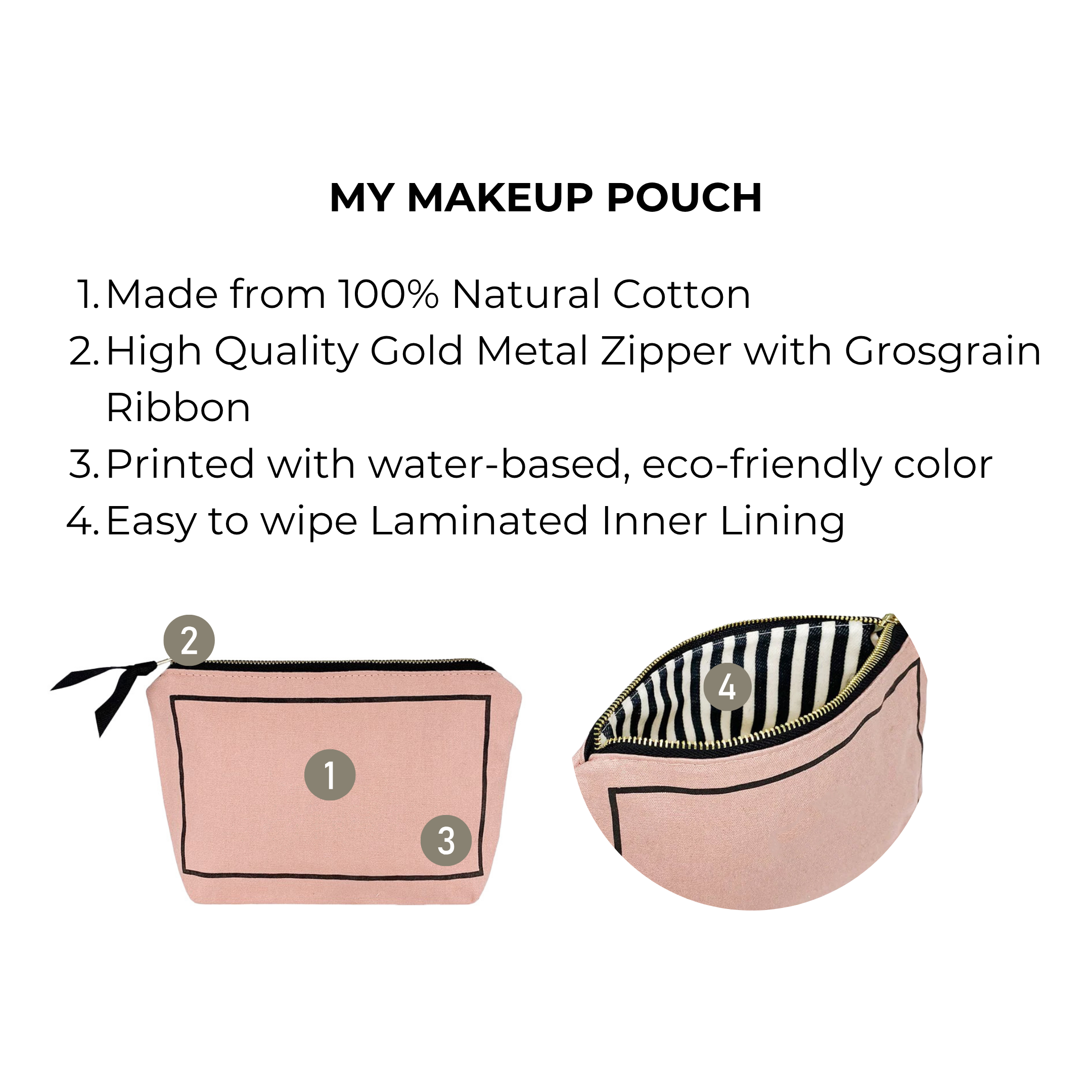 Bag-all My Makeup Pouch Blank, Coated Lining – Pink/Blush cotton makeup pouch with gold zipper and wipe clean lining