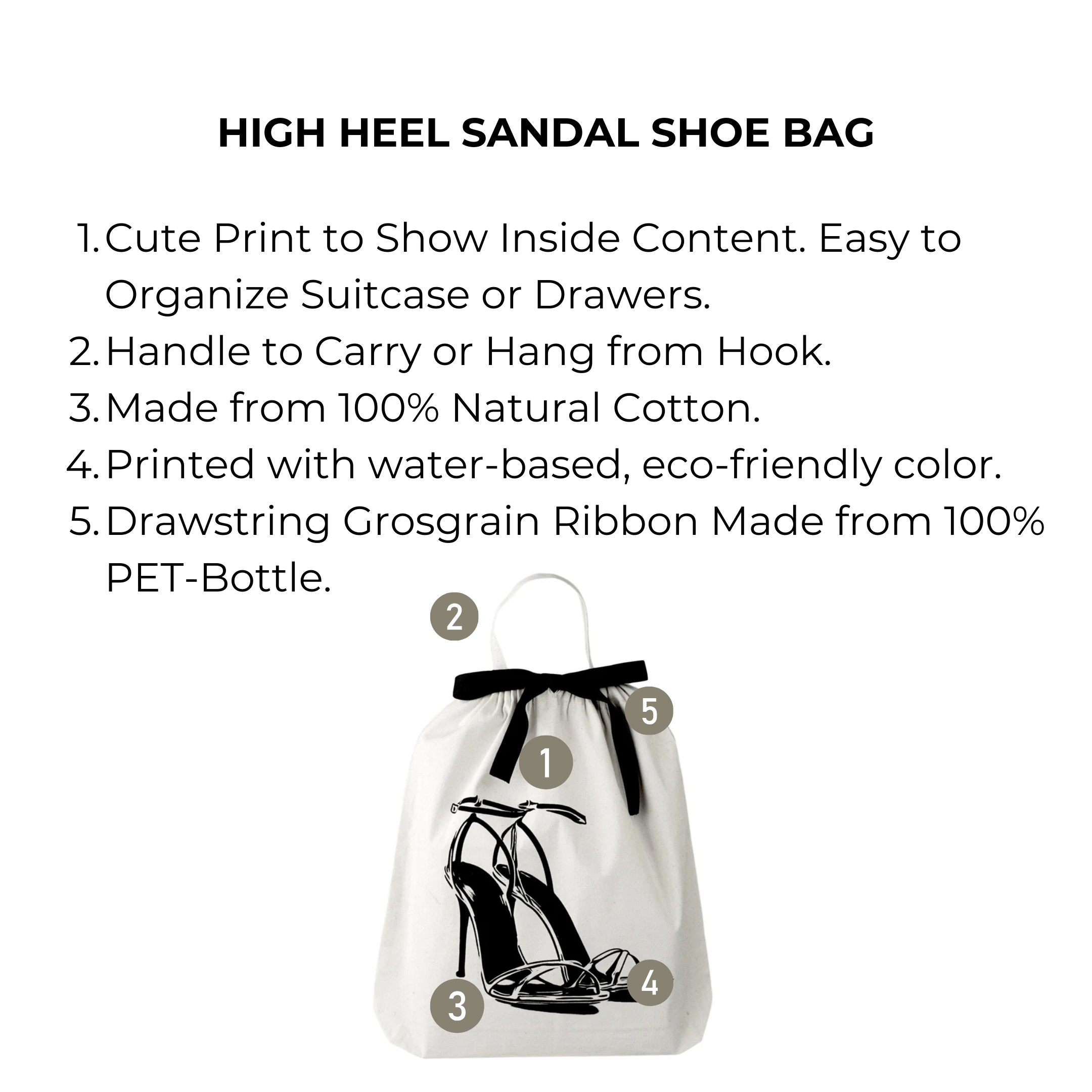 Bag-all cream cotton shoe bag with black high heel sandal print, natural drawstring ribbon, eco-friendly design for travel organization and storage, perfect for protecting luxury footwear