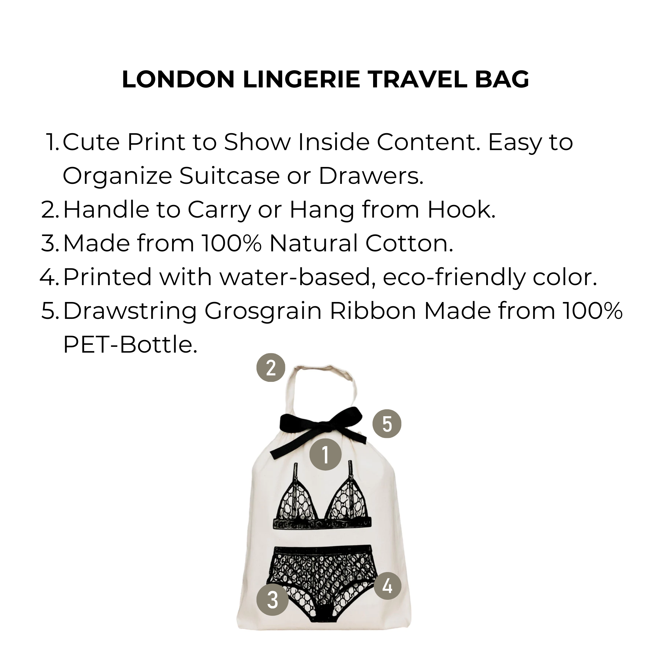 Bag-all London Lingerie Travel Bag in cream cotton with black lingerie print, eco-friendly drawstring design for organized travel and storage