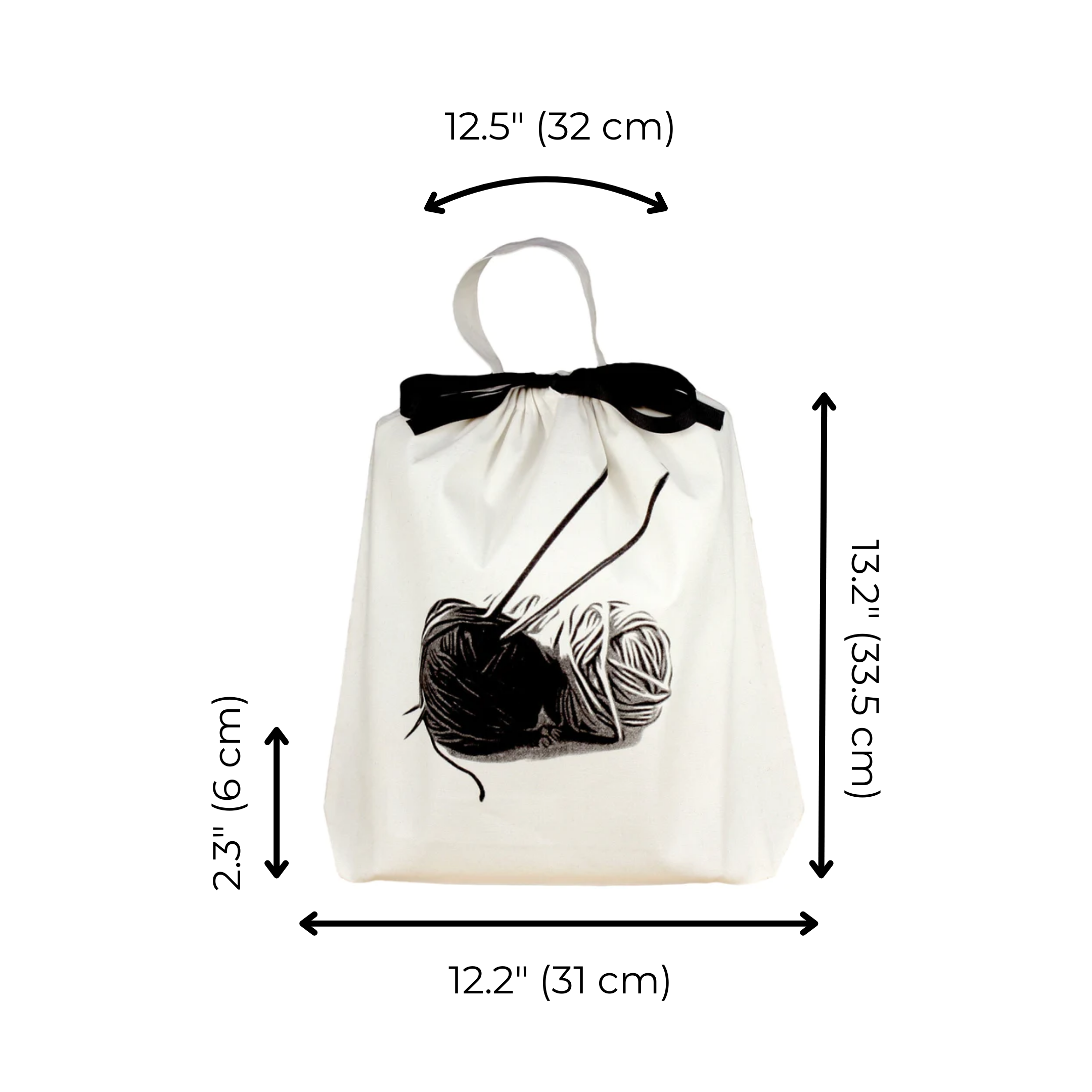 Bag-all Knitting Bag in cream with black yarn ball print, featuring a bow handle and product dimensions. Perfect for organizing knitting supplies and portable crafting projects.