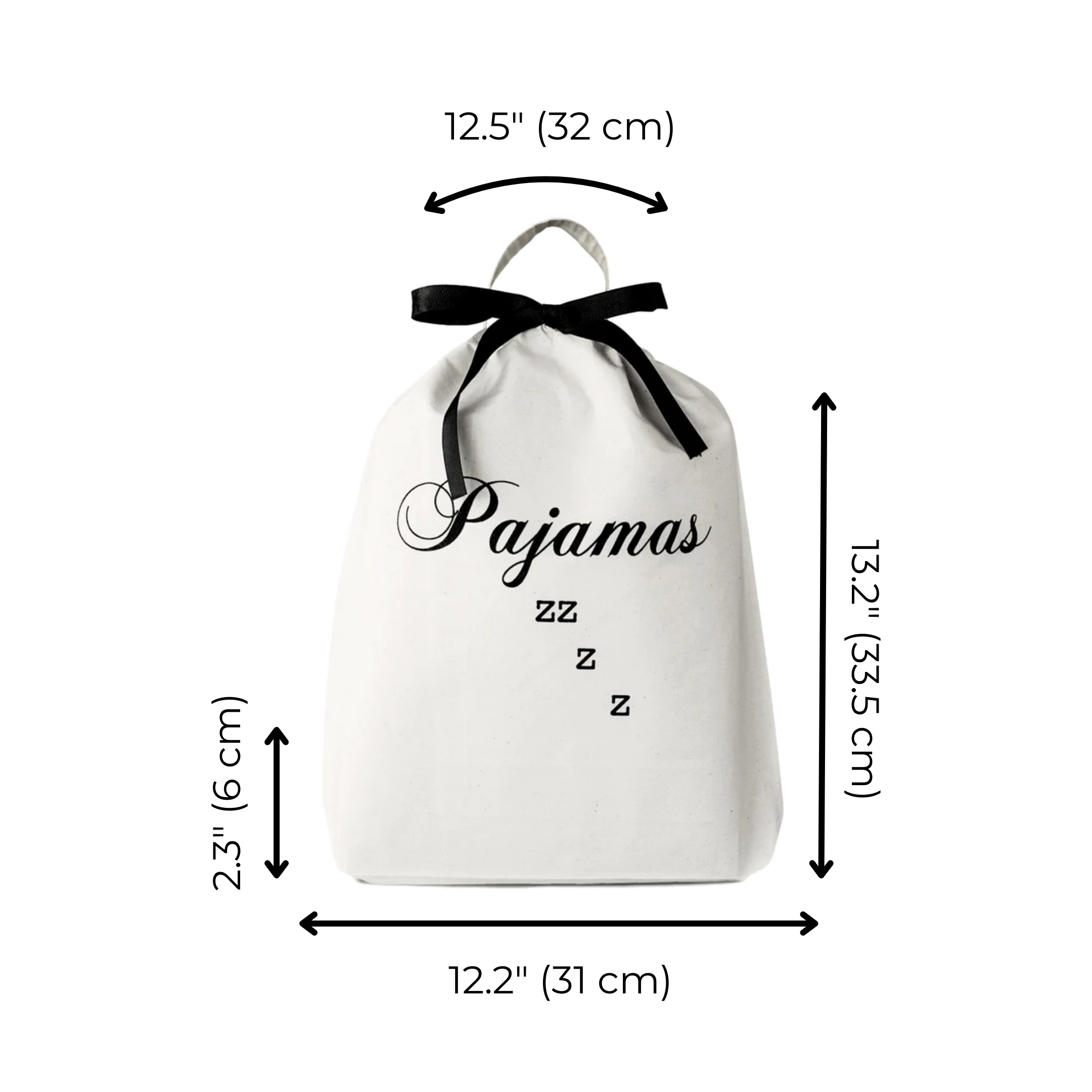 Bag-all Pajamas Zzzz Travel Bag in cream cotton with black bow, featuring elegant script text and measurements: 12.5" width, 13.2" height, drawstring closure and hanging loop