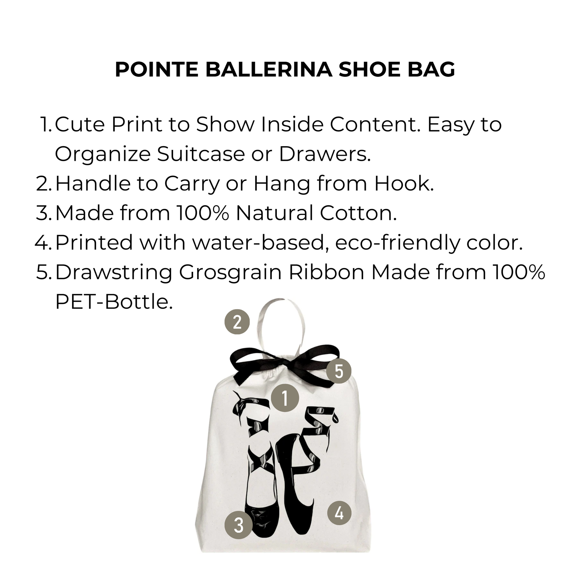 Bag-all cream cotton Pointe Ballerina Shoe Bag featuring black ballet shoe print, eco-friendly drawstring closure and hanging handle for organized dance gear storage