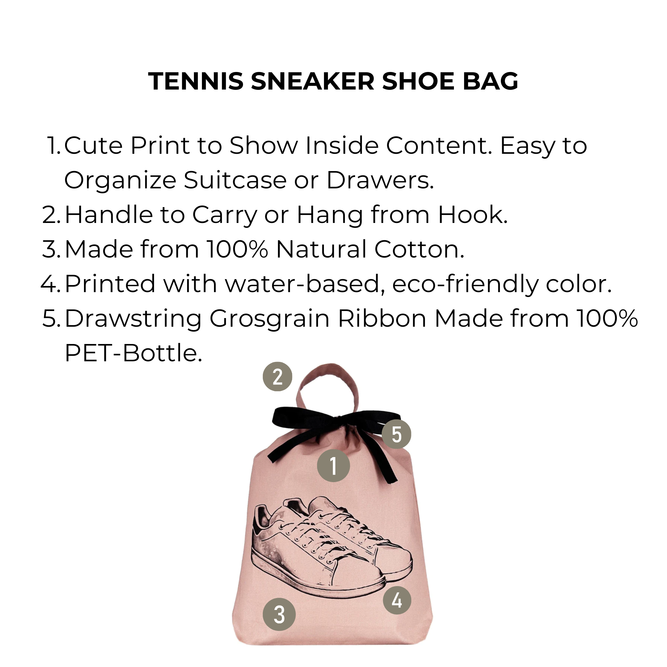 Bag-all Tennis Sneaker Shoe Bag in Pink/Blush, featuring eco-friendly cotton construction, sneaker print design, recycled drawstring closure, and carrying handle for organized travel and storage