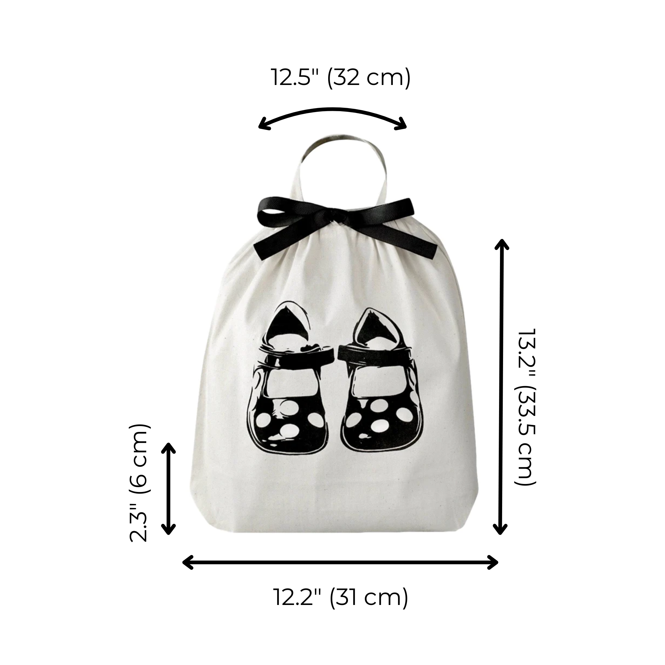 Bag-all Children Shoe Bag in cream cotton with black bow and cute shoe print design, featuring dimensions 13.2x12.2 inches, perfect for organizing kids footwear