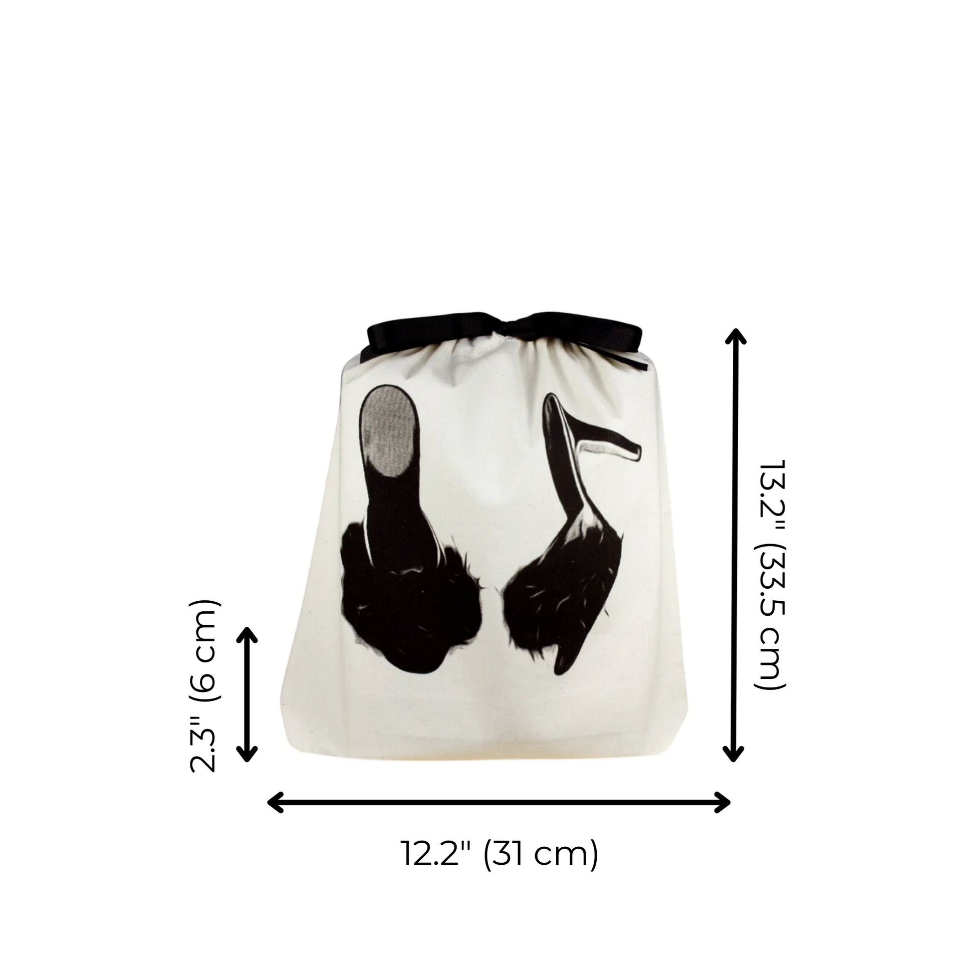 Bag-all Feather Slippers Shoe Bag in cream cotton with black slipper print and drawstring closure, perfect for storing and traveling with two pairs of flats or slippers