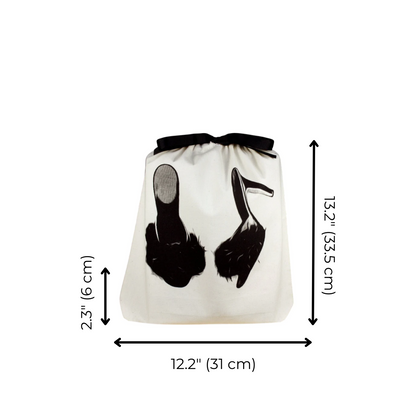 Bag-all Feather Slippers Shoe Bag in cream cotton with black slipper print and drawstring closure, perfect for storing and traveling with two pairs of flats or slippers