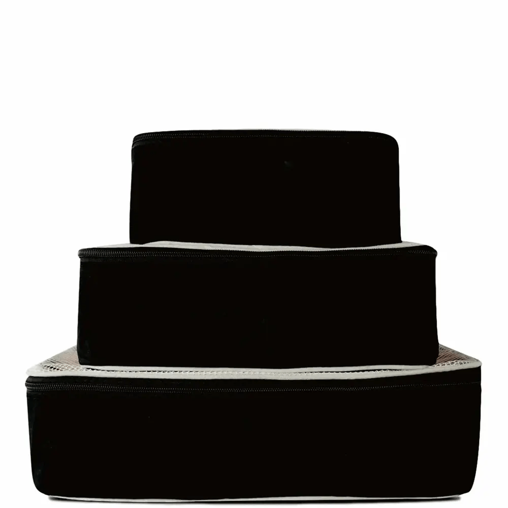 Personalized Packing Cubes, 3-pack – Black, three stacked packing cubes by Bag-all for travel organization