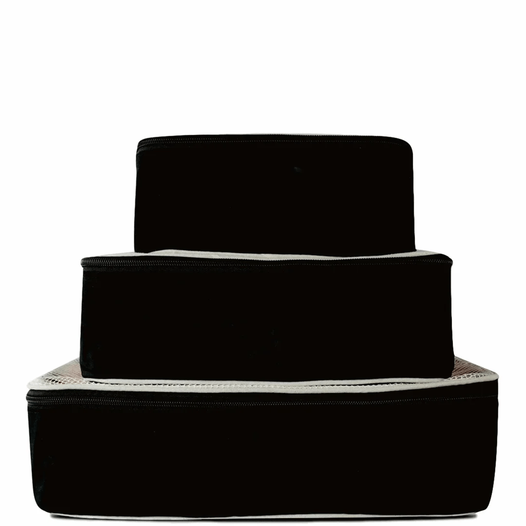 Personalized Packing Cubes, 3-pack – Black, three stacked packing cubes by Bag-all for travel organization