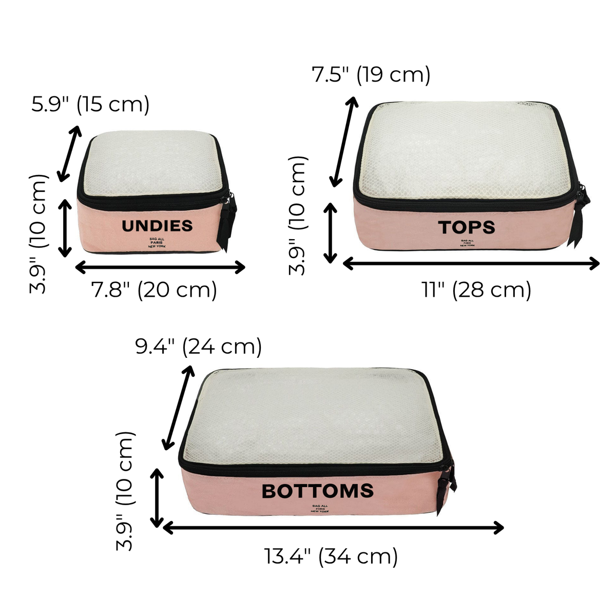 Best Packing Cubes, 3-pack – Pink/Blush by Bag-all, Paris-designed travel organization with cubes for tops, bottoms, undies