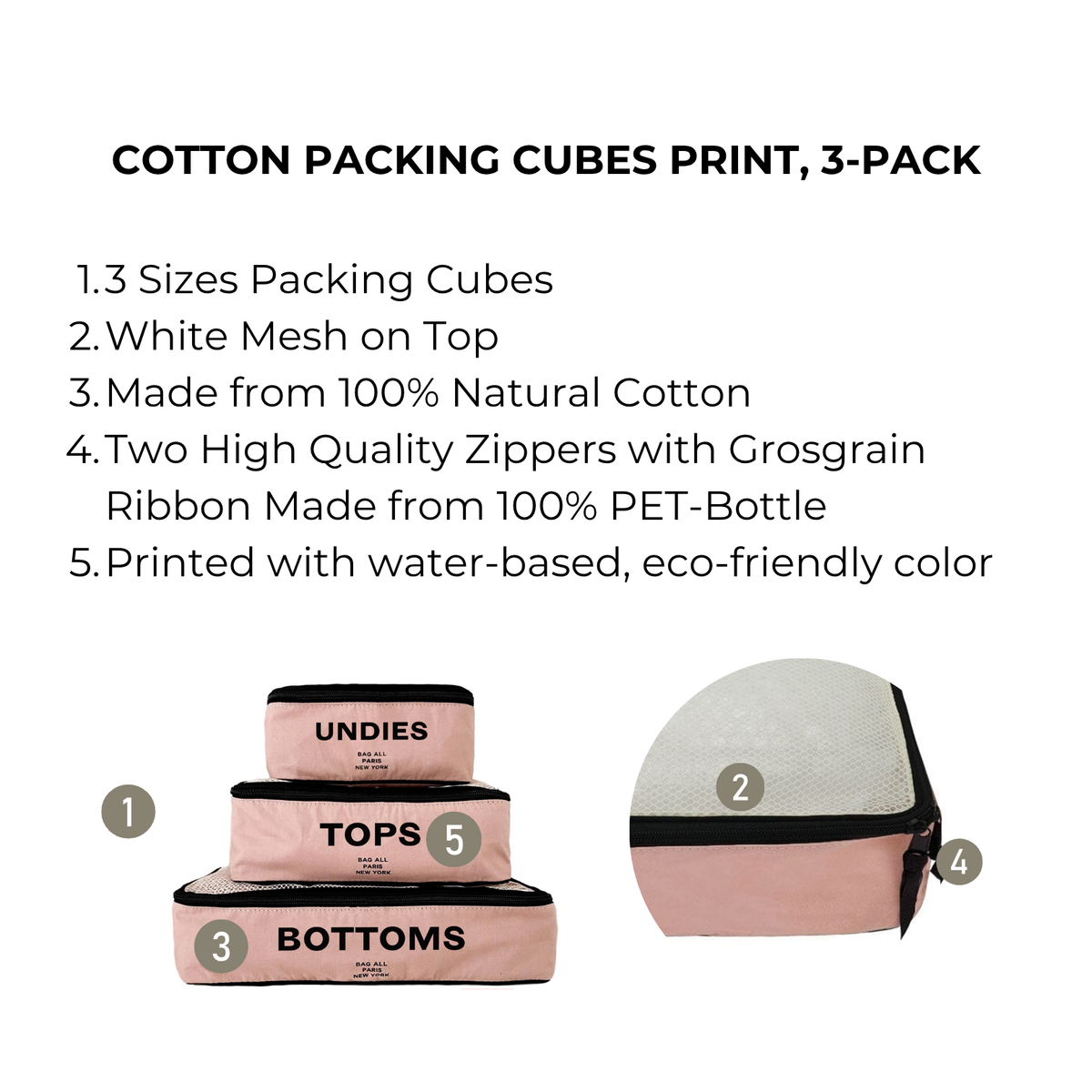 Bag-all cotton packing cubes in three sizes, showing pink printed organizers with mesh tops and zip closures