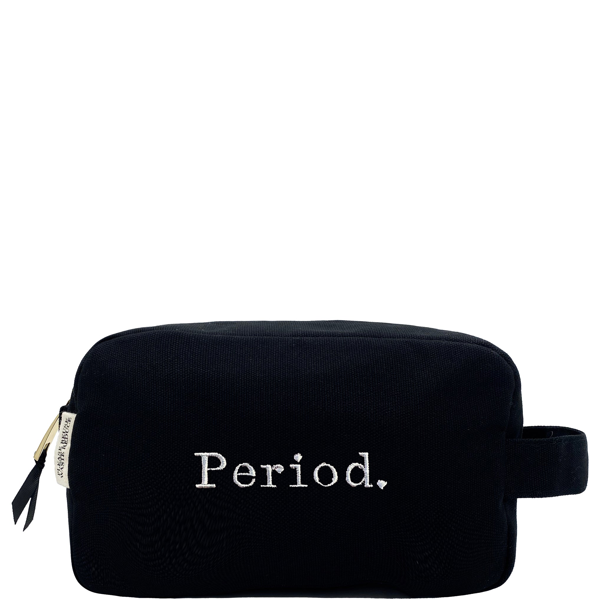 Black Bag-all Period pouch with white embroidered text and side handle on plain white background