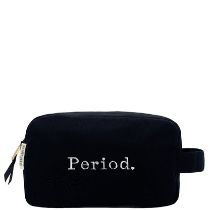 Black Bag-all Period pouch with white embroidered text and side handle on plain white background