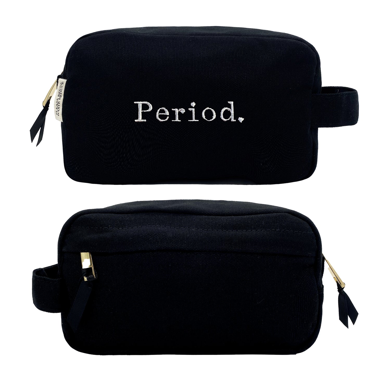 Black Bag-all sanitary pouch with white Period. text and gold zipper viewed from front and back on white background