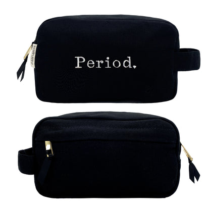 Black Bag-all sanitary pouch with white Period. text and gold zipper viewed from front and back on white background