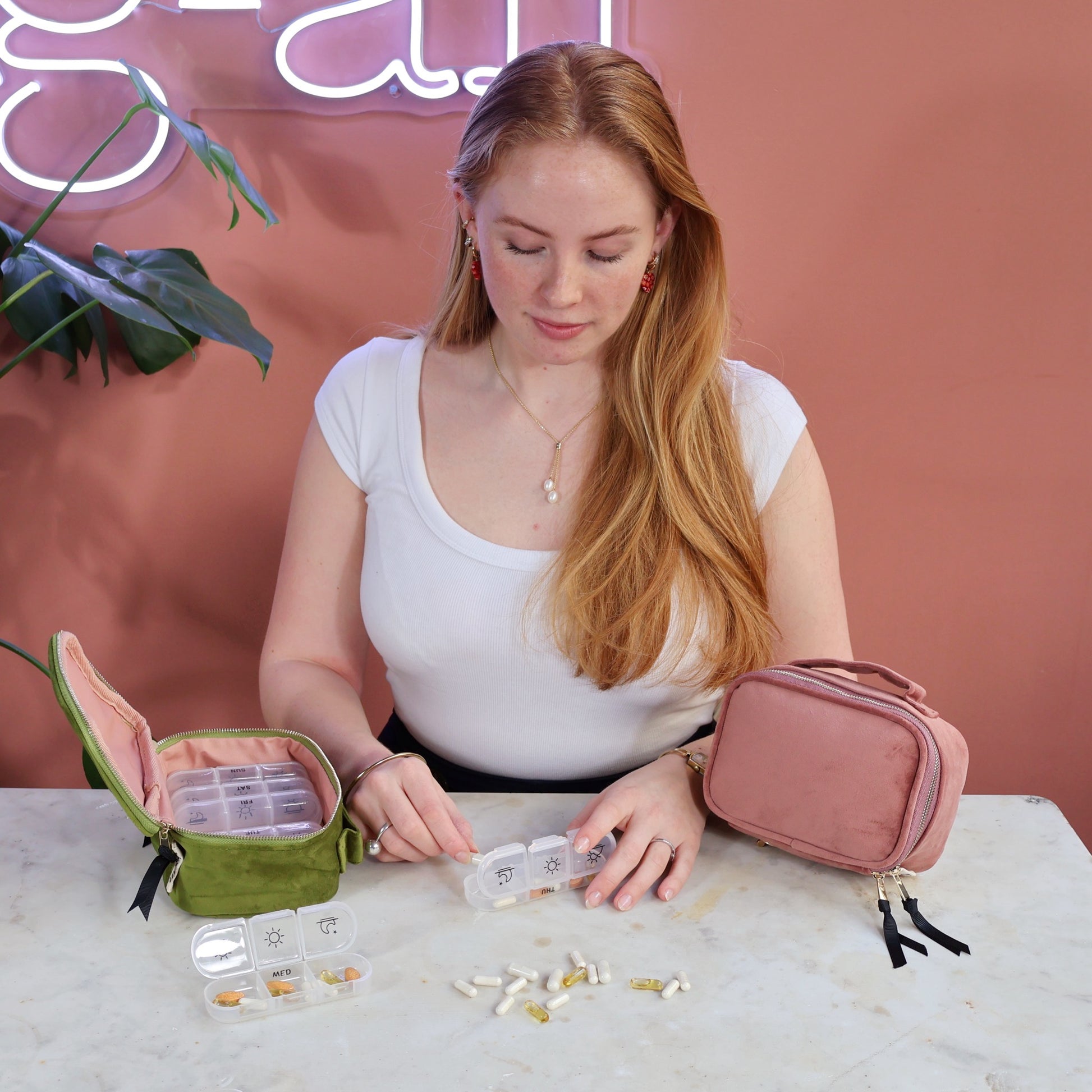 Bag-all Pink Velvet Weekly Pill Box Organizer with Handle - Eco-friendly medication storage case with 7-day compartments
