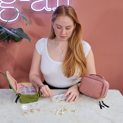 Bag-all Pink Velvet Weekly Pill Box Organizer with Handle - Eco-friendly medication storage case with 7-day compartments