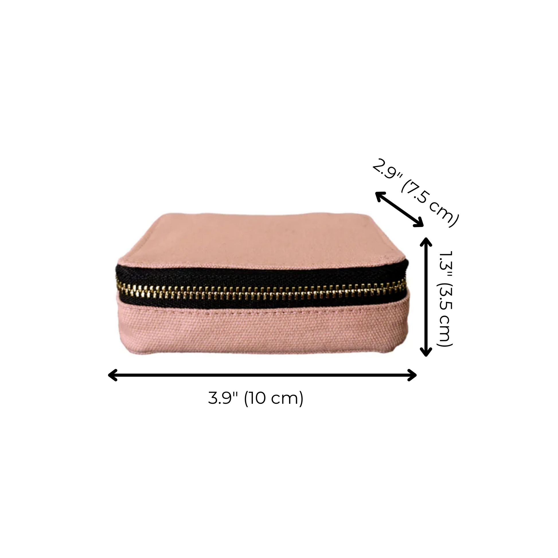 Bag-all Pink Pill Organizing Case with Weekly Pill Organizer, compact cotton travel case with gold zipper closure, measures 3.9x2.9x1.3 inches, perfect for medication storage
