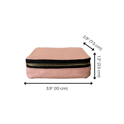 Bag-all Pink Pill Organizing Case with Weekly Pill Organizer, compact cotton travel case with gold zipper closure, measures 3.9x2.9x1.3 inches, perfect for medication storage