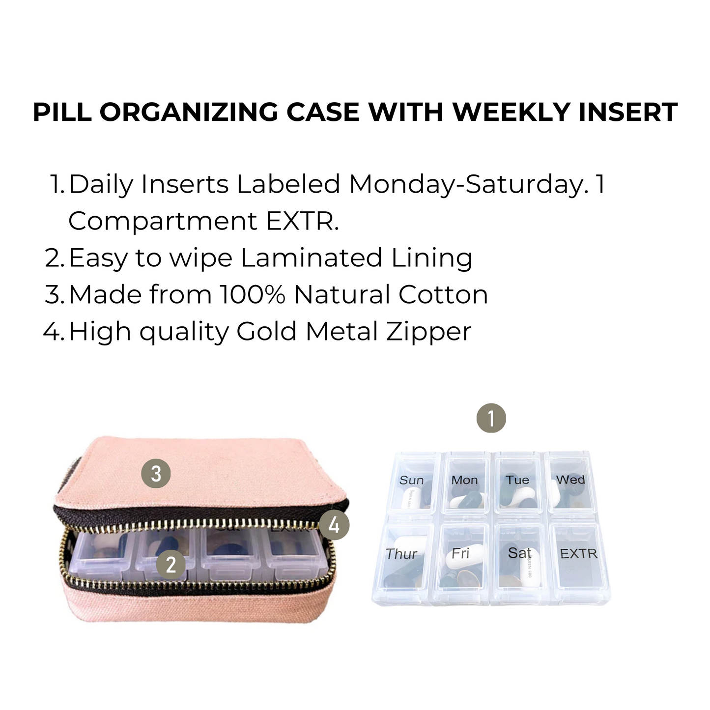 Bag-all Pink Pill Organizing Case with Weekly Pill Organizer featuring cotton exterior, gold zipper, and labeled compartments for daily medication storage Monday-Saturday plus extra space