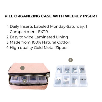 Bag-all Pink Pill Organizing Case with Weekly Pill Organizer featuring cotton exterior, gold zipper, and labeled compartments for daily medication storage Monday-Saturday plus extra space