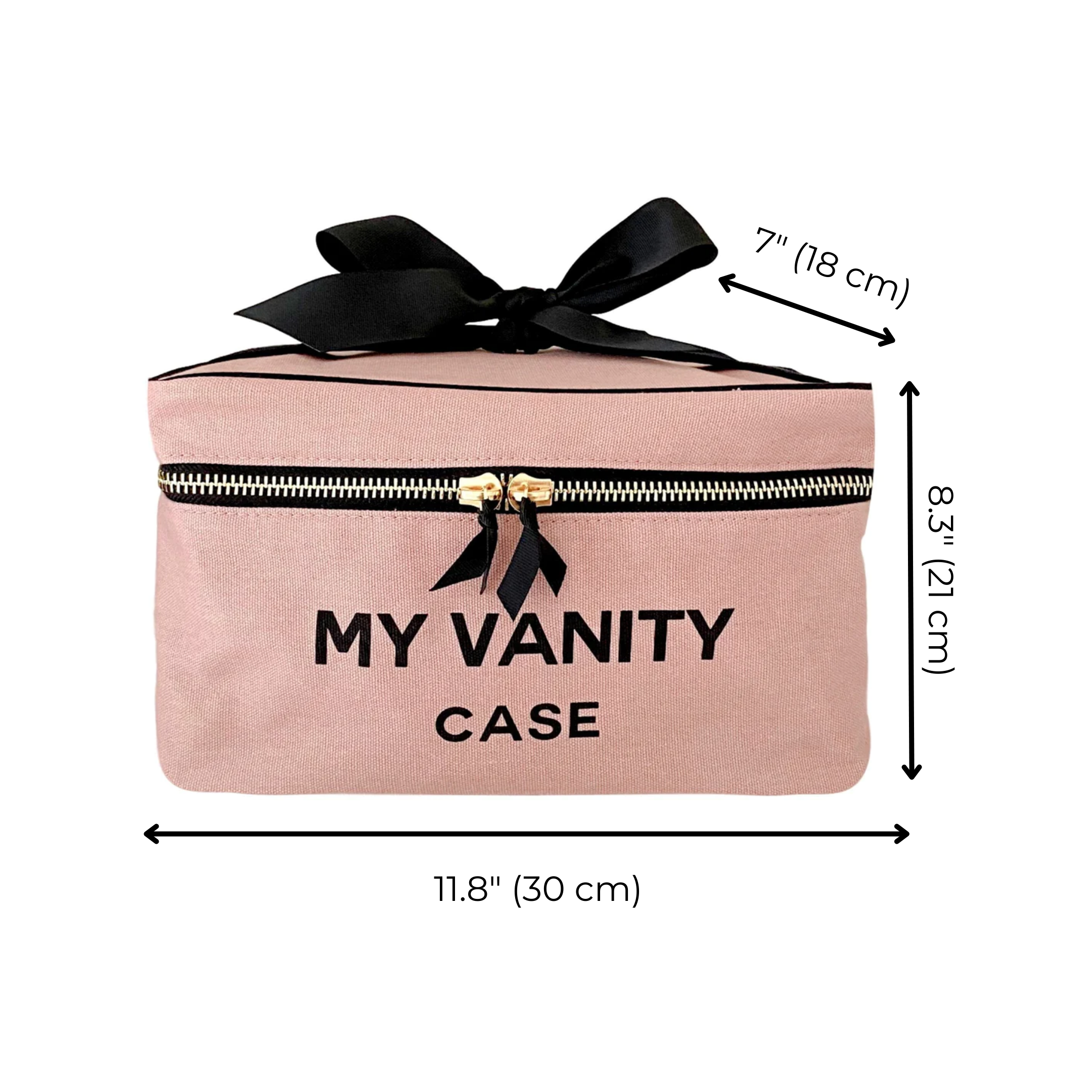 Bag-all My Vanity Large Beauty Box in pink with black bow detail, zippered case for cosmetics storage and travel, featuring dimensions 11.8x8.3x7 inches and elegant black text branding