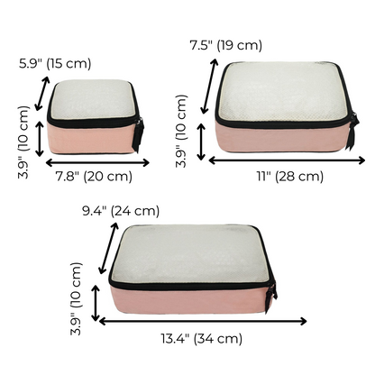 Bag-all Cotton Packing Cubes 3-pack in Pink/Blush featuring small, medium, and large sizes with mesh tops and dimensions clearly shown for organized travel packing