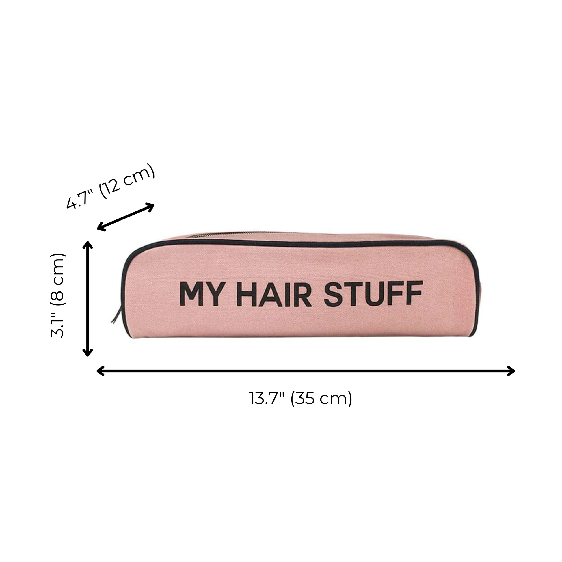 Bag-all Hair Stuff Travel Case in blush pink with black trim, featuring thermal lining and gold zipper. Size dimensions: 13.7" x 4.7" x 3.1". Perfect for organizing styling tools.