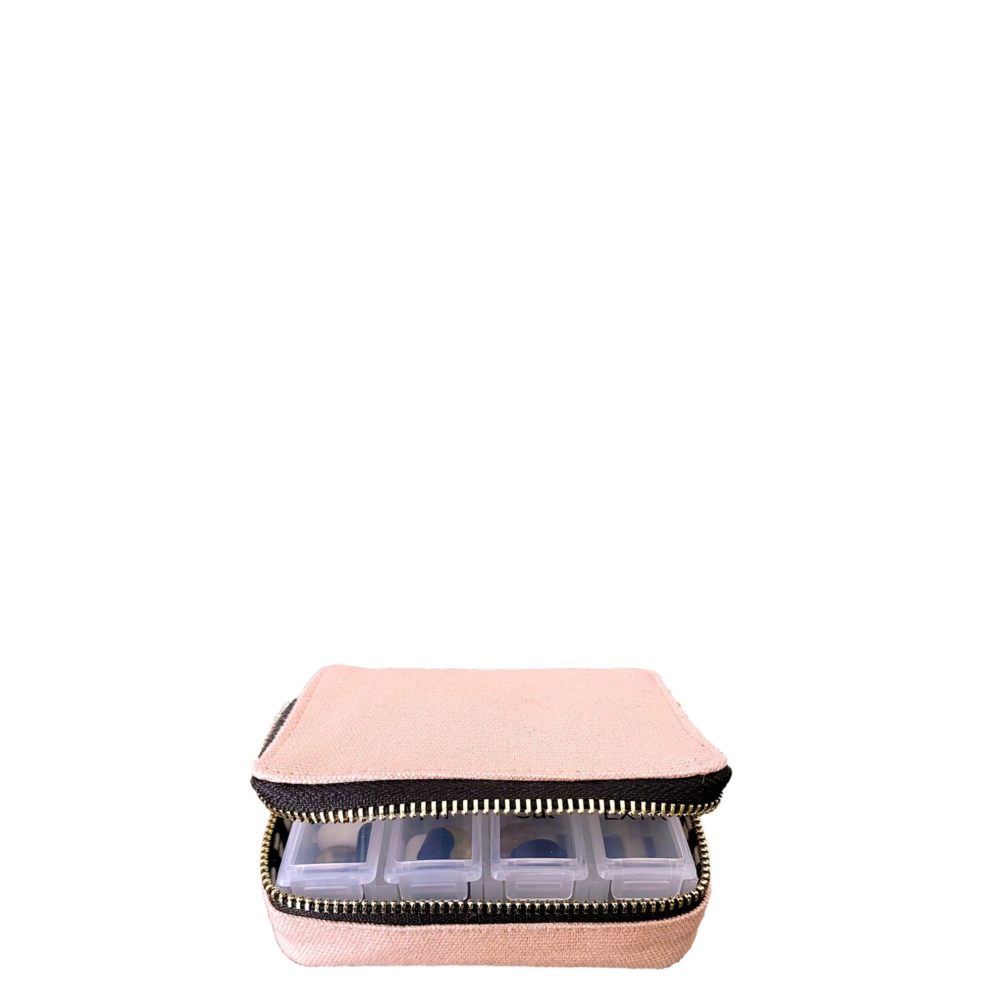 Bag-all Pink Pill Organizing Case with Weekly Pill Organizer featuring zippered cotton case, removable compartments for daily medication storage, perfect for travel and organization