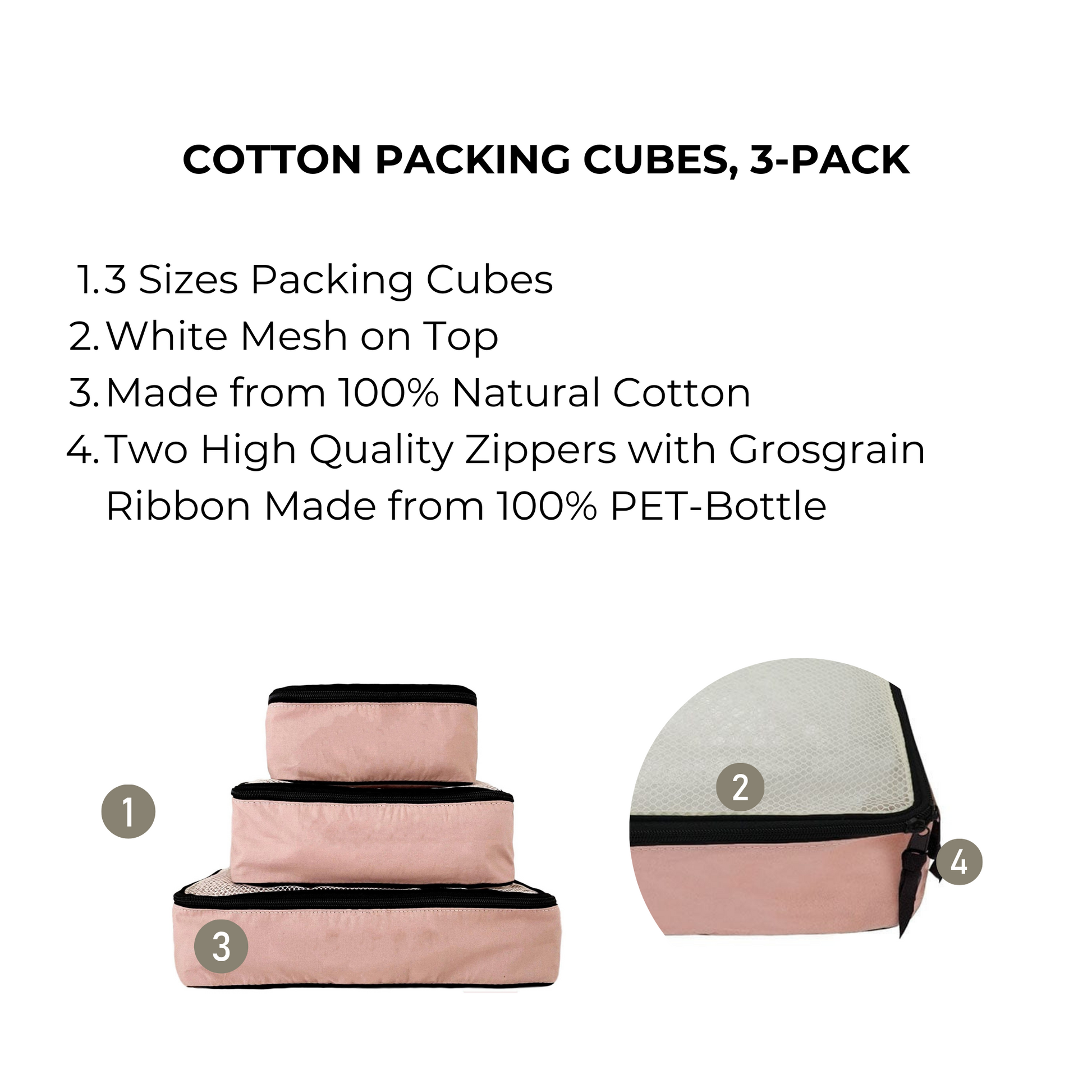 Bag-all Cotton Packing Cubes 3-pack in Pink/Blush featuring mesh tops, premium zippers, and natural cotton construction. Set includes small, medium, and large organizers for efficient travel packing.