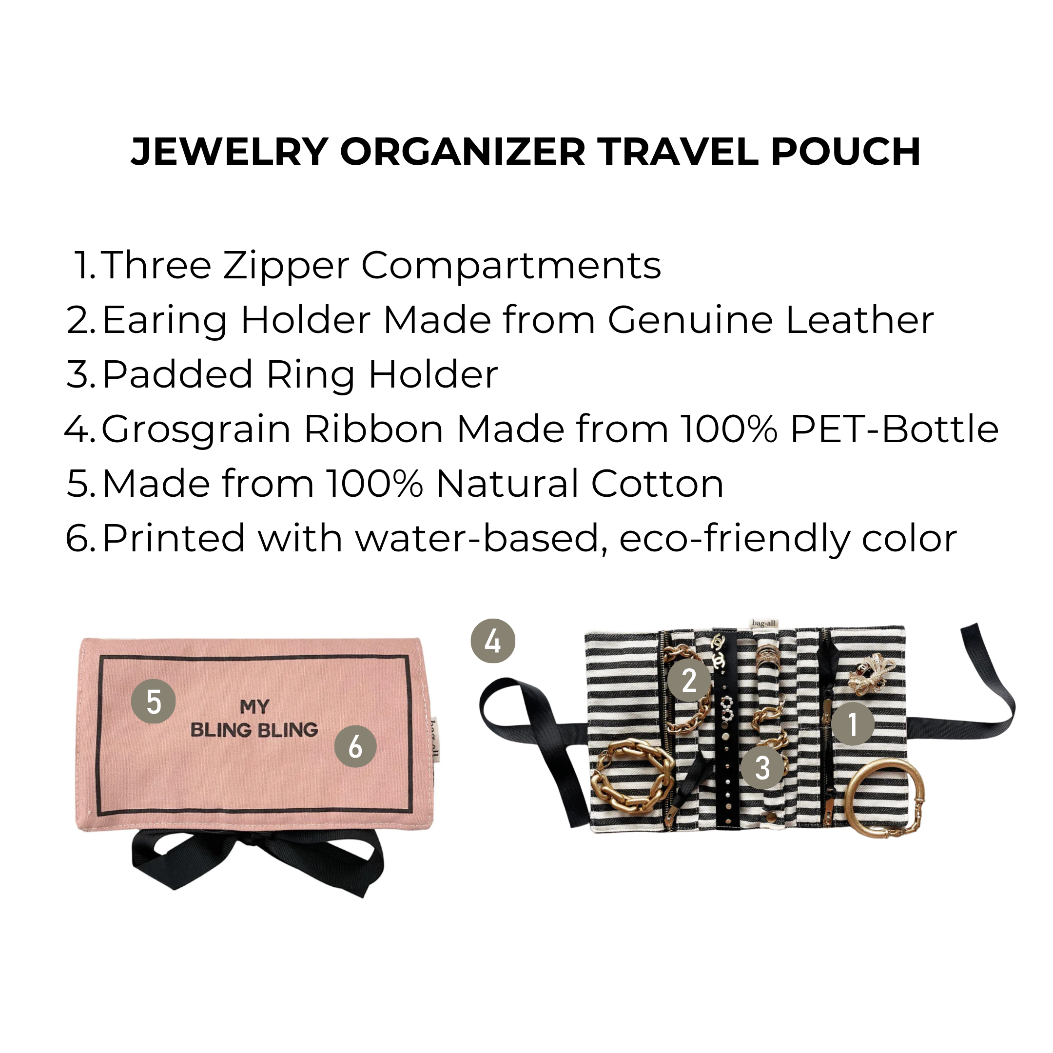 Bag-all Pink Jewelry Organizer Travel Pouch with three zippered compartments, genuine leather earring holder, padded ring storage, striped interior, and eco-friendly black bow in blush pink cotton