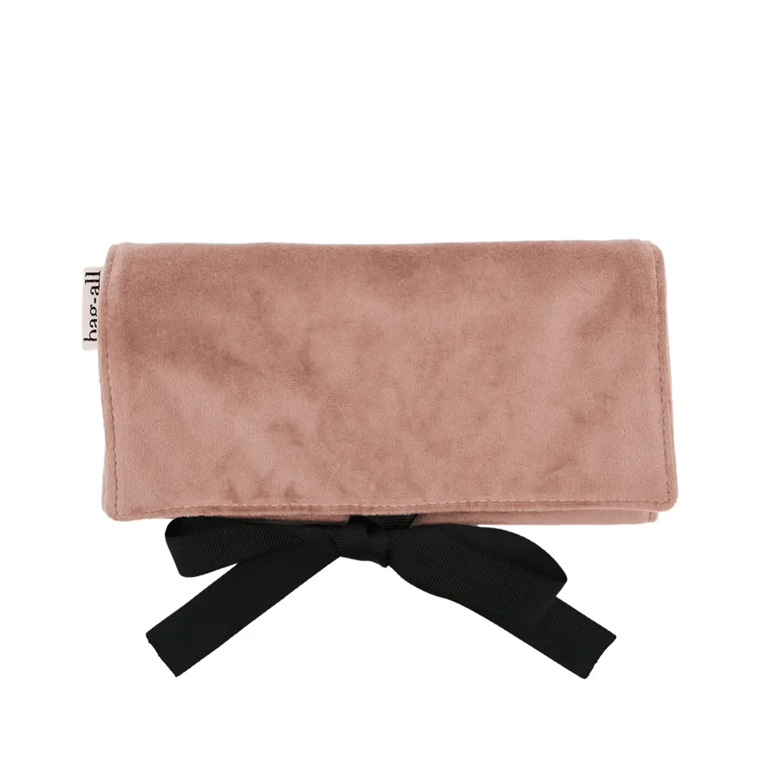 Bag-all medium couture jewelry roll in soft pink velvet with black tie, elegant organizer, gallery position one