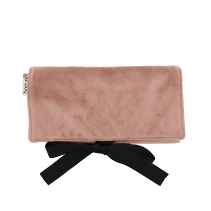 Bag-all medium couture jewelry roll in soft pink velvet with black tie, elegant organizer, gallery position one