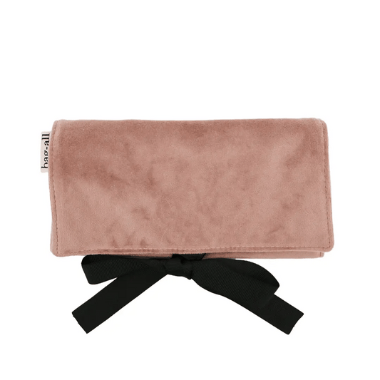 Bag-all medium couture jewelry roll in soft pink velvet with black tie, elegant organizer, gallery position one