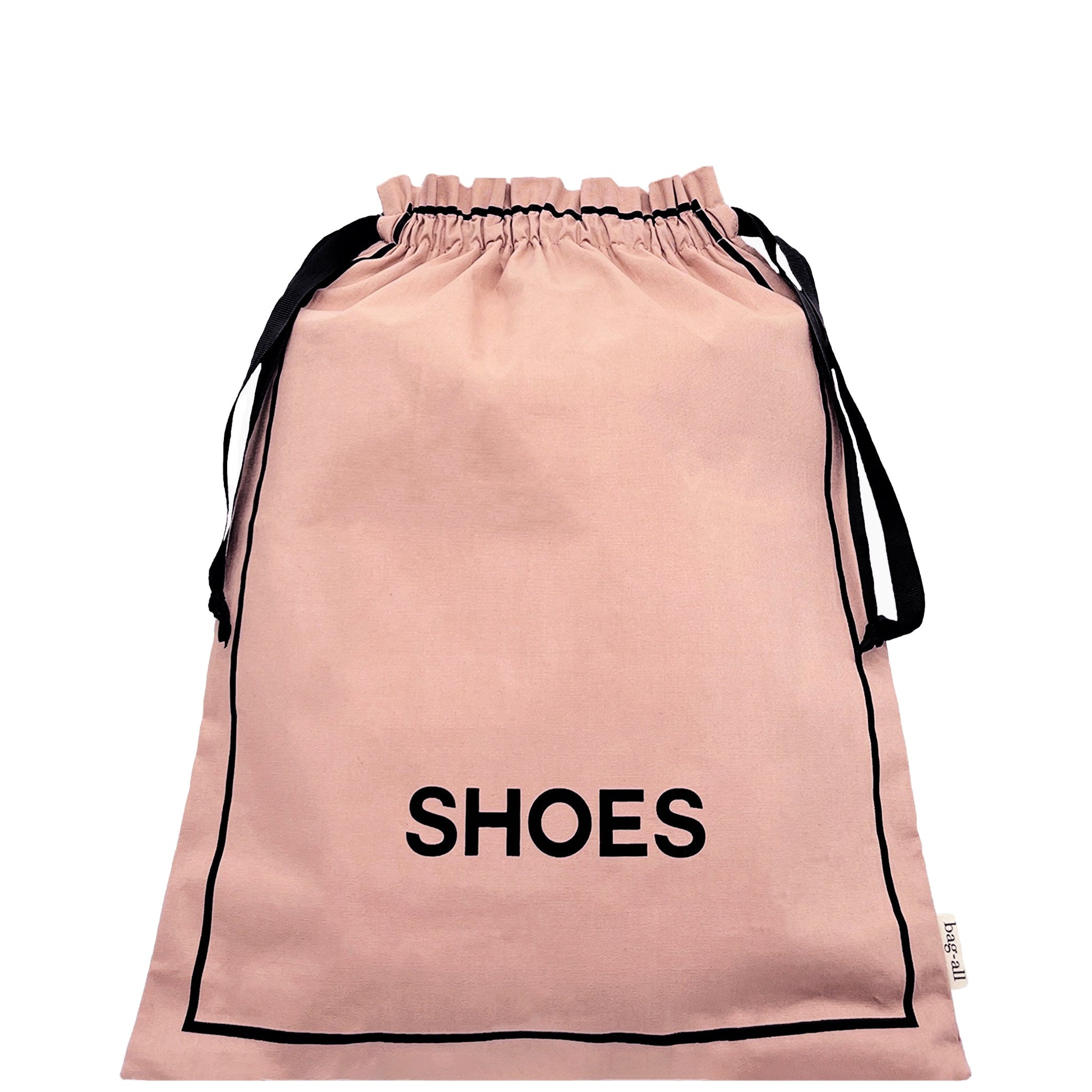 Pink blush Bag-all shoe organizer bag with black drawstring for travel and storage organization