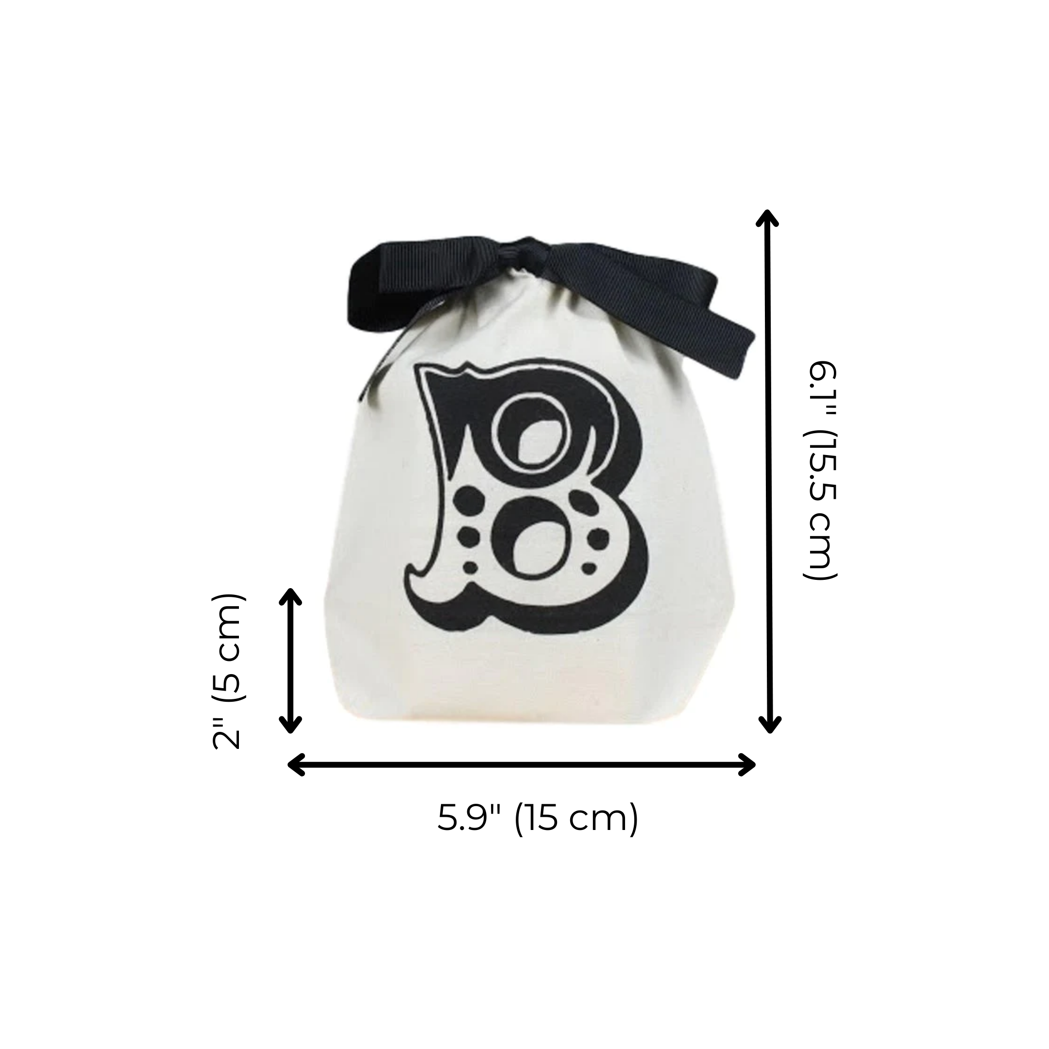 Bag-all Small Letter Bags Mix in cream with black letter B design, featuring drawstring closure and dimensions 15x15cm - perfect for organizing small items