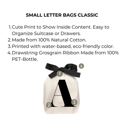 Bag-all Small Letter Bags Classic in cream cotton with black 'A' print, eco-friendly drawstring pouch featuring recycled ribbon. Perfect storage solution for organizing small items.