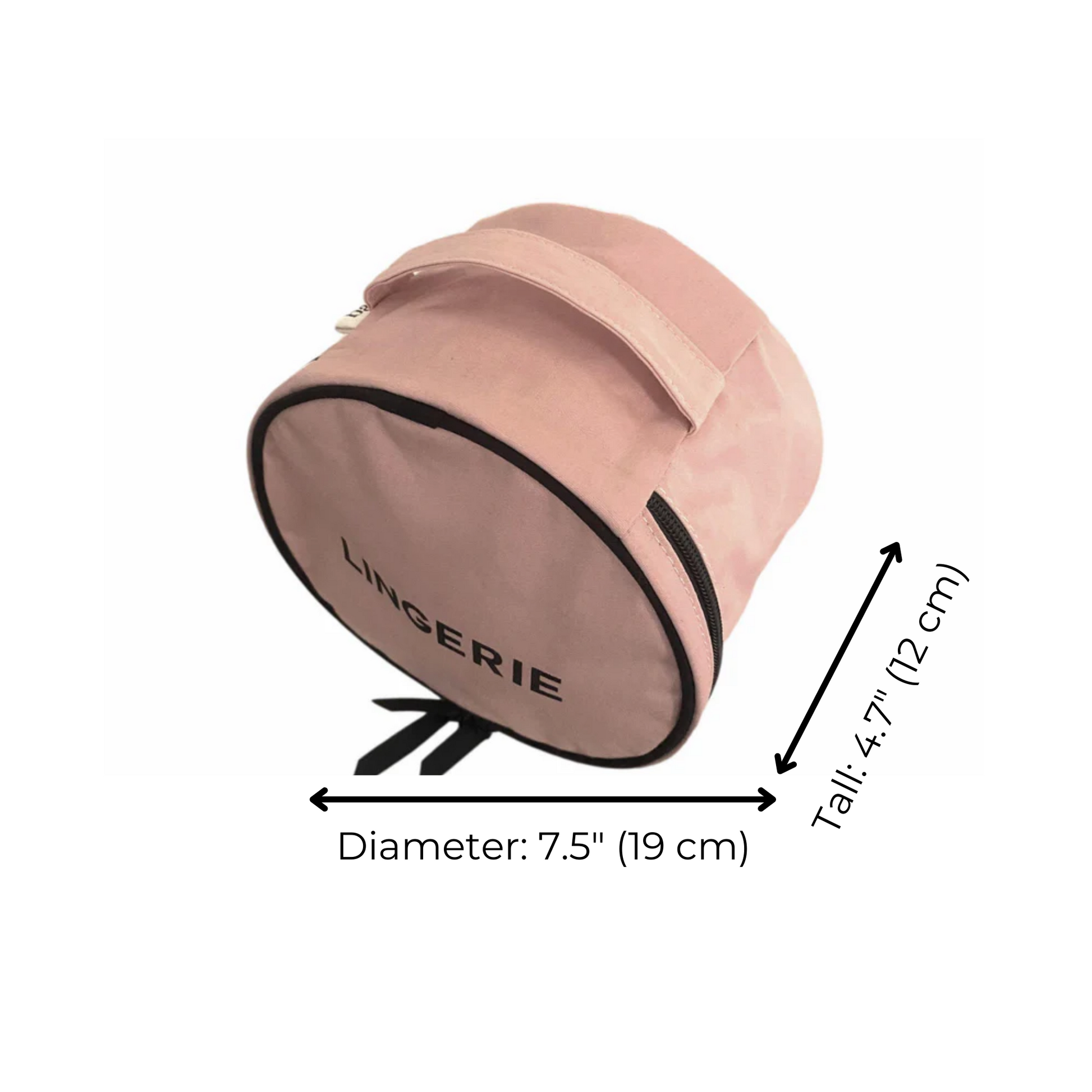Bag-all Round Lingerie Case in blush pink cotton with black trim and zipper closure, featuring custom black and white interior lining. Perfect travel organizer, 19cm diameter.