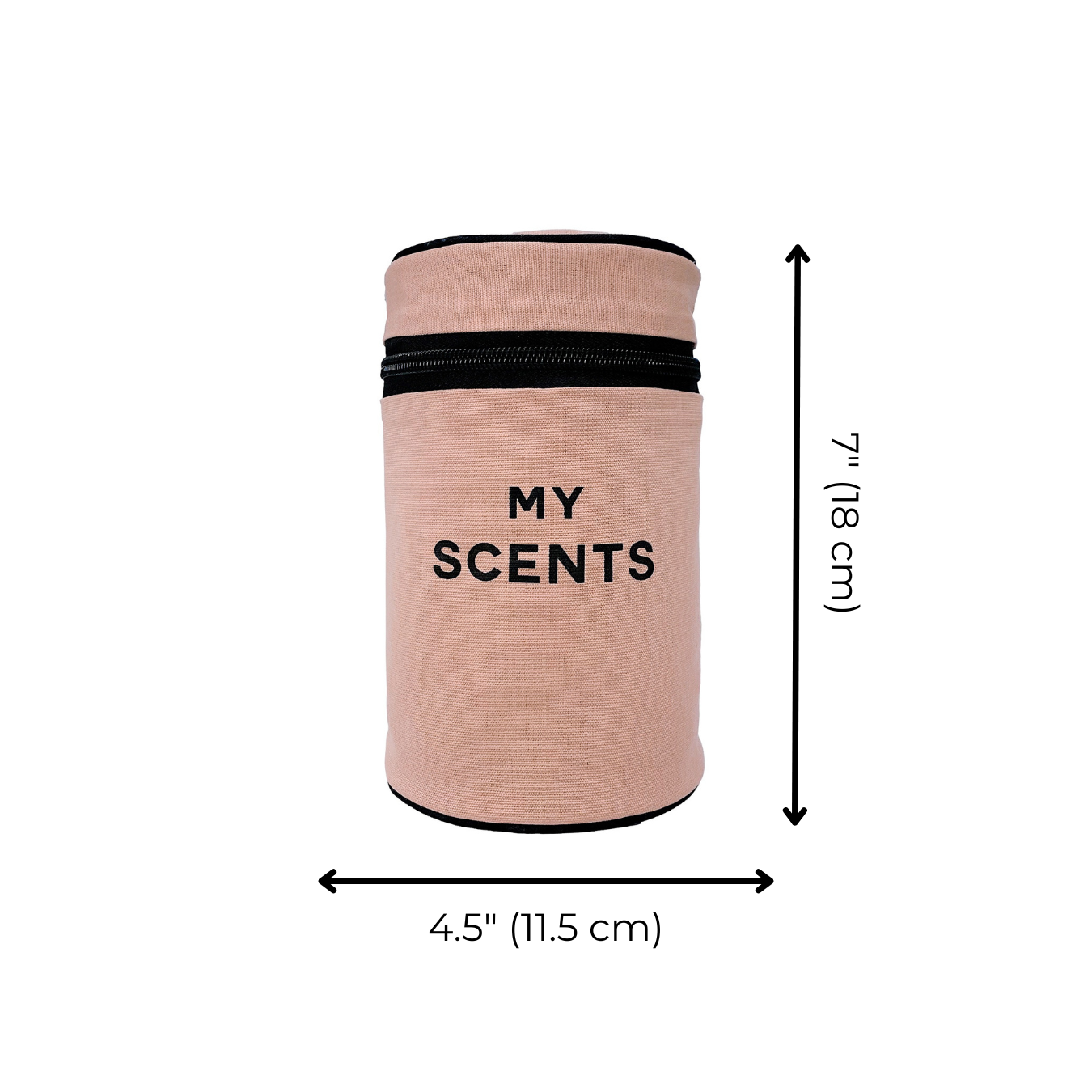 Bag-all Round My Scents Case in pink blush with black zipper, cylindrical perfume organizer measuring 7 inches tall and 4.5 inches wide