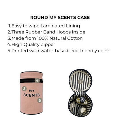 Bag-all Round My Scents Case in Pink/Blush - Cylindrical cotton organizer with laminated lining, rubber bands and striped interior for perfume storage. Features eco-friendly materials and secure zipper closure.