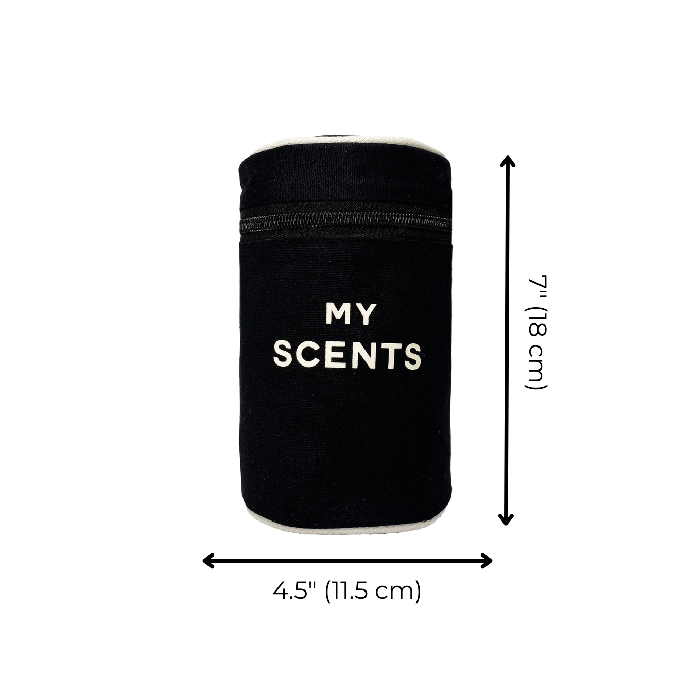 Bag-all Round My Scents Case in Black, cylindrical organizer for perfumes, featuring protective laminated lining and secure rubber bands, measures 7" x 4.5
