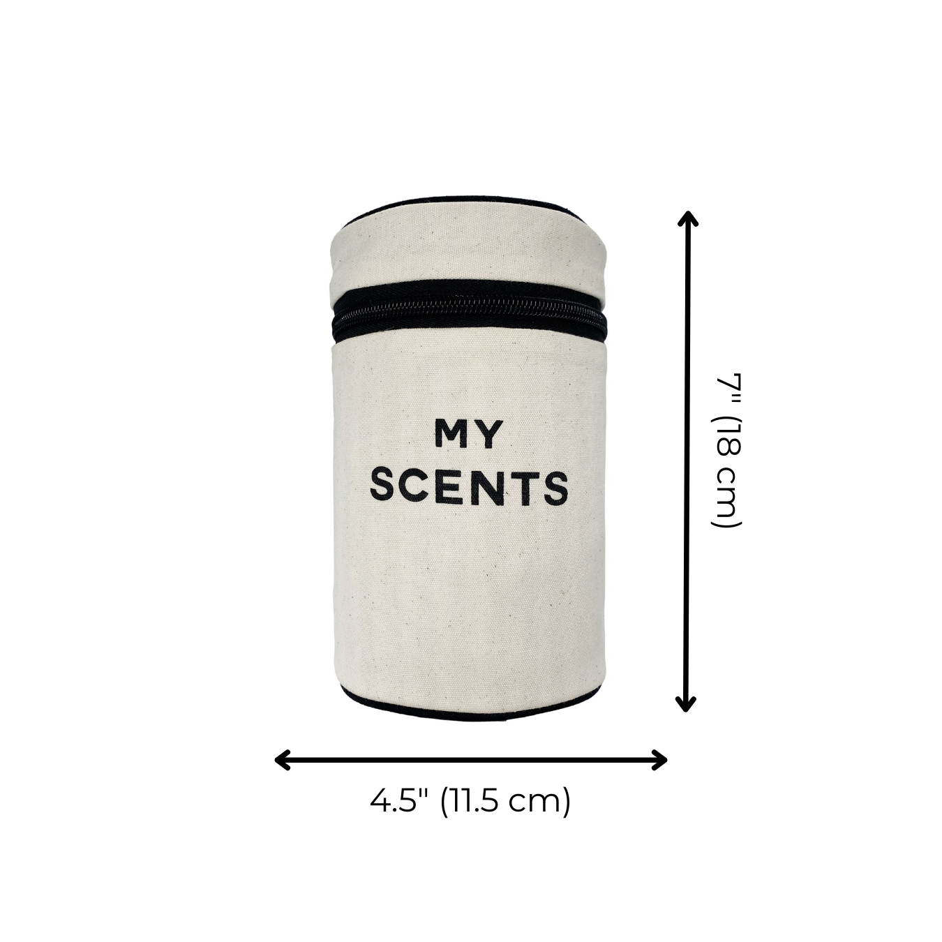 Bag-all Round My Scents Case in cream, cylindrical storage organizer with black zipper and text, measures 7 inches tall by 4.5 inches wide, perfect for perfume bottles